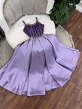 Niulatu Purple Spaghetti Strap A-Line Beaded Satin Long Prom Dresses, Sweet Birthday Party Outfit HZ1031
