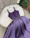 Niulatu Purple Spaghetti Strap A-Line Beaded Satin Long Prom Dresses, Sweet Birthday Party Outfit HZ1031