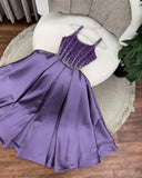 Niulatu Purple Spaghetti Strap A-Line Beaded Satin Long Prom Dresses, Sweet Birthday Party Outfit HZ1031