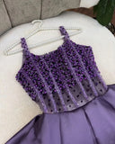 Niulatu Purple Spaghetti Strap A-Line Beaded Satin Long Prom Dresses, Sweet Birthday Party Outfit HZ1031
