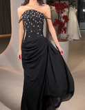 Niulatu Black Spaghetti Straps Sheath Beaded Tulle Long Prom Dresses, Sweet 16 Evening Dresses HZ1031