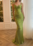 Niulatu Green Spaghetti Strap Mermaid Glitter Long Prom Dresses, Formal Evening Gowns HZ1031