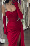 Niulatu Burgundy Spaghetti Strap Sheath Satin Long Prom Dresses, Formal Evening Gowns with Slits HZ1031