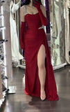 Niulatu Burgundy Spaghetti Strap Sheath Satin Long Prom Dresses, Formal Evening Gowns with Slits HZ1031