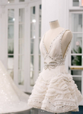 Niulatu White V-neck A-Line Beaded Tulle Short Wedding Dress, Sweet Birthday Dress HZ1031