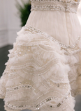 Niulatu White V-neck A-Line Beaded Tulle Short Wedding Dress, Sweet Birthday Dress HZ1031