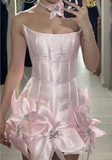 Niulatu Light Pink V-neck A-Line Satin Appliques Short Prom Dresses, Stunning Homecoming Dresses HZ1031