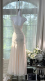 Niulatu White Spaghetti Strap Sheath Chiffon Beaded Dress, Elegant Evening Gowns HZ1031