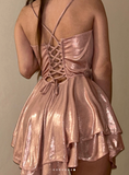 Niulatu Rose Gold Spaghetti Strap A-Line Short Birthday Dress Glitter Graduation Prom Dresses HZ1031