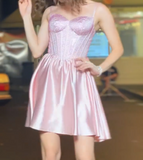Niulatu Rose Pink A-Line Spaghetti Strap Satin Short Prom Dress, Sweet 18 Dress HZ1031
