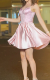 Niulatu Rose Pink A-Line Spaghetti Strap Satin Short Prom Dress, Sweet 18 Dress HZ1031