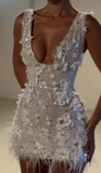 Niulatu White V-neck Bodycon Beaded Applique Short Birthday Dress, Fashion Party Dress HZ1031