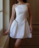 Niulatu White Beateau A-Line Satin Short Evening Gowns Homecoming Dress HZ1031