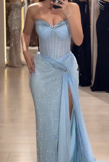 Niulatu Sky Blue Strapless Sheath Lace Tulle Long Prom Dresses , Formal Evening Gowns HZ1031