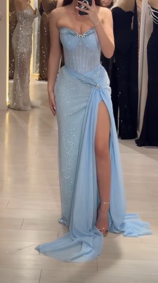 Niulatu Sky Blue Strapless Sheath Lace Tulle Long Prom Dresses , Formal Evening Gowns HZ1031