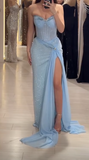 Niulatu Sky Blue Strapless Sheath Lace Tulle Long Prom Dresses , Formal Evening Gowns HZ1031