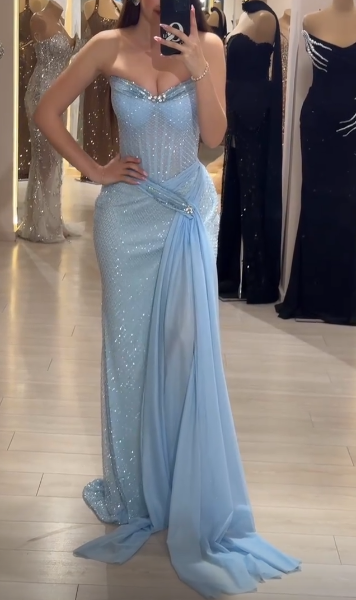 Niulatu Sky Blue Strapless Sheath Lace Tulle Long Prom Dresses , Formal Evening Gowns HZ1031