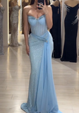 Niulatu Sky Blue Strapless Sheath Lace Tulle Long Prom Dresses , Formal Evening Gowns HZ1031