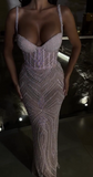 Niulatu Light Pink Spaghetti Straps Sheath Tulle Beaded Long Evening Gowns Sweet Graduation Dress HZ1031