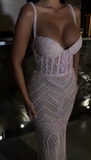 Niulatu Light Pink Spaghetti Straps Sheath Tulle Beaded Long Evening Gowns Sweet Graduation Dress HZ1031