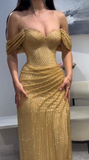Niulatu Gold Off Shoulder Sheath Lace Long Evening Gowns, Fashion Slit Prom Dresses HZ1031