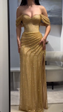 Niulatu Gold Off Shoulder Sheath Lace Long Evening Gowns, Fashion Slit Prom Dresses HZ1031