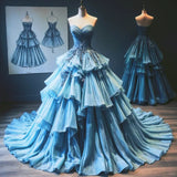 Niulatu Blue Sweetheart Neck A-Line Layered Tulle Long Prom Dresses Quincea?era Dress HZ1031