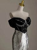 Niulatu Silver Mermaid Off Shoulder Evening Gowns Chic Velvet Sequin Long Prom Dresses HZ1031