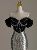 Niulatu Silver Mermaid Off Shoulder Evening Gowns Chic Velvet Sequin Long Prom Dresses HZ1031