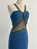 Niulatu Blue Mermaid Halter Evening Gowns Vintage Beaded Dress HZ1031