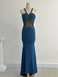 Niulatu Blue Mermaid Halter Evening Gowns Vintage Beaded Dress HZ1031