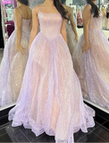 Niulatu Lilac A-Line Spaghetti Strap Long Prom Dresses, Glitter Birthday Dress HZ1031