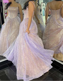 Niulatu Lilac A-Line Spaghetti Strap Long Prom Dresses, Glitter Birthday Dress HZ1031