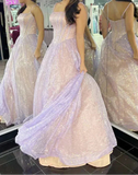 Niulatu Lilac A-Line Spaghetti Strap Long Prom Dresses, Glitter Birthday Dress HZ1031
