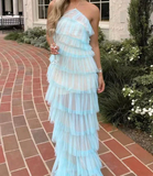 Niulatu Sky Blue Sheath Halter Tulle Long Prom Dresses, Fashion Party Dress HZ1031