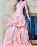 Niulatu Pink A-Line Strapless Taffeta Beaded Quinceanera Dresses Long Evening Gowns HZ1031