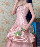Niulatu Pink A-Line Strapless Taffeta Beaded Quinceanera Dresses Long Evening Gowns HZ1031