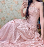 Niulatu Pink A-Line Strapless Taffeta Beaded Quinceanera Dresses Long Evening Gowns HZ1031