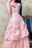 Niulatu Pink A-Line Strapless Taffeta Beaded Quinceanera Dresses Long Evening Gowns HZ1031