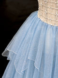 Niulatu Blue Strapless A-Line Glitter Tulle Long Prom Dresses Sweet 16 Dress HZ1031