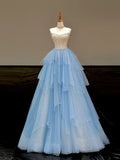 Niulatu Blue Strapless A-Line Glitter Tulle Long Prom Dresses Sweet 16 Dress HZ1031
