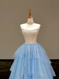 Niulatu Blue Strapless A-Line Glitter Tulle Long Prom Dresses Sweet 16 Dress HZ1031