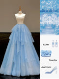 Niulatu Blue Strapless A-Line Glitter Tulle Long Prom Dresses Sweet 16 Dress HZ1031