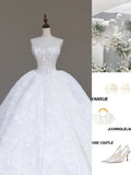 Niulatu White Strapless A-Line Lace Applique Long Wedding Dress HZ1031