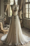 Niulatu Beige Spaghetti Strap A-Line Chiffon Long Wedding Dress HZ1031