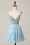 Niulatu Light Blue A Line V Neck Sequins Homecoming Dress Short Sweet Birthday Dress HZ1031