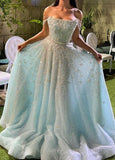 Niulatu Sky Blue A-Line Tulle Beaded Off-shoulder Long Prom Dresses, Sweet 16 Dress HZ1031