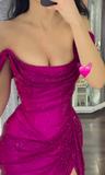 Niulatu Fuchsia Off-shoulder Sheath Sparkly Long Prom Dresses, Formal Evening Gowns HZ1031