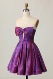 Niulatu Purple Strapless A-Line Satin Short Homecoming Dress with Bow HZ1031