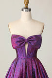 Niulatu Purple Strapless A-Line Satin Short Homecoming Dress with Bow HZ1031